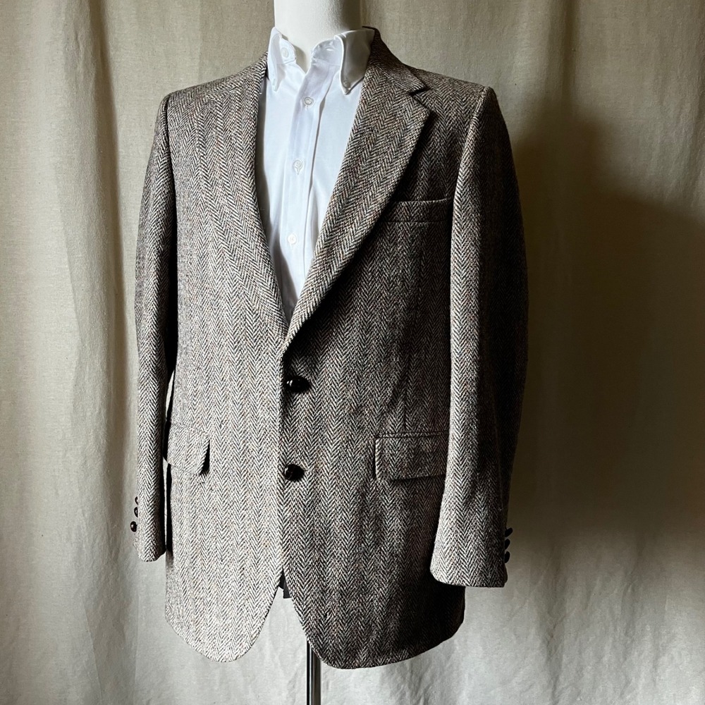 Vintage Harris Tweed Herringbone Blazer Brown Wool 42R USA Made